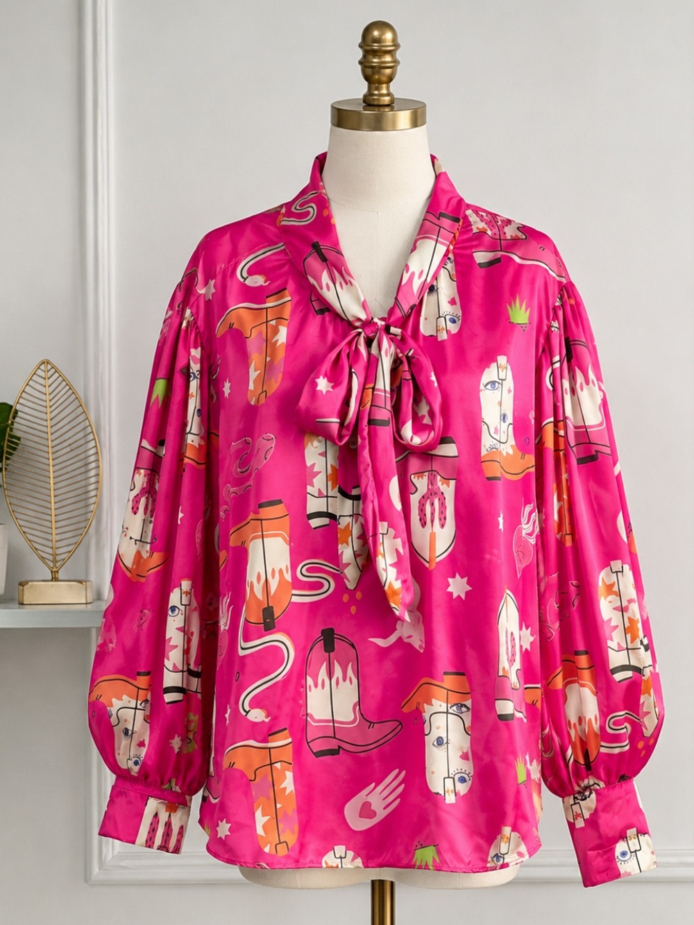 Bululu Pink Western Print Tie-Neck Satin Blouse Size XL